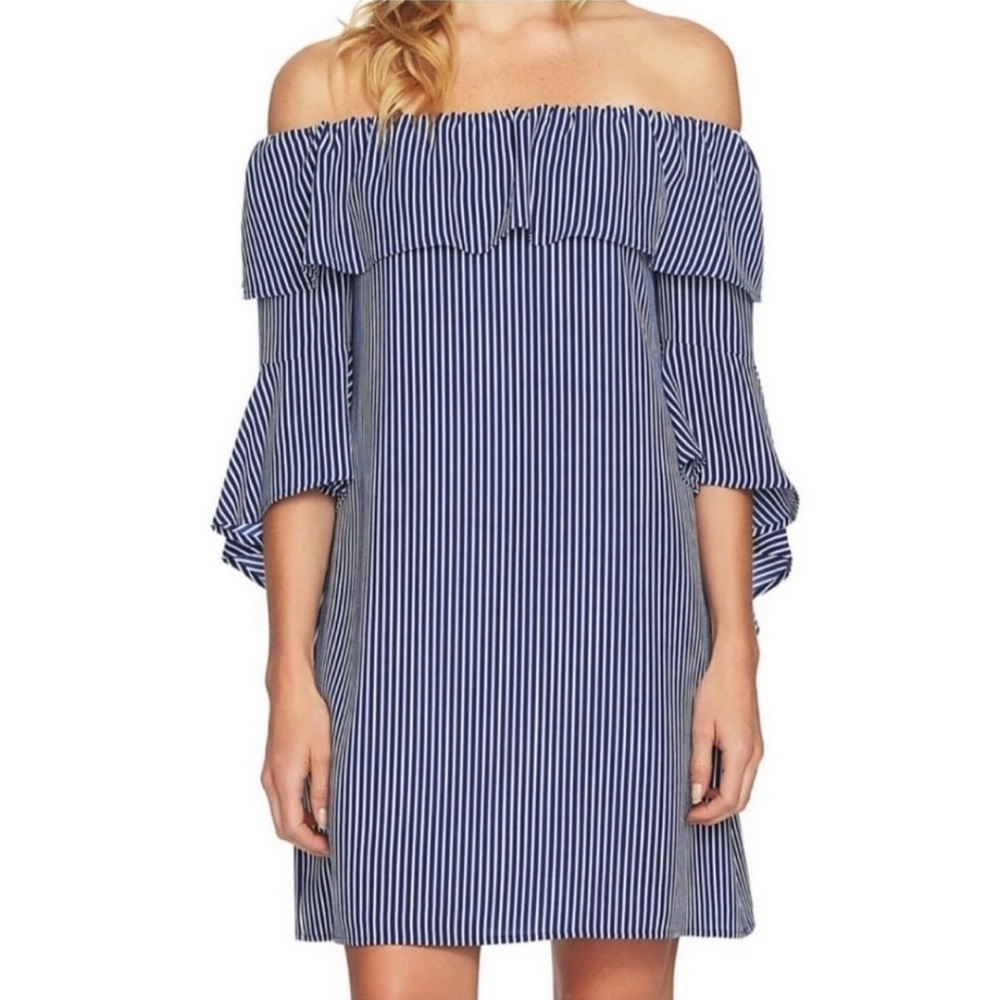 Cece | Navy Blue Striped Off the Shoulder Statement Sleeve Dress
